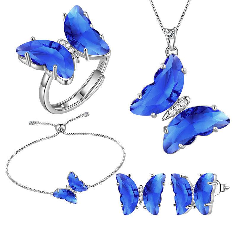 Blue Butterfly Jewelry Set 5PCS September Sapphire Birthstone - Jewelry Sets - Aurora Tears