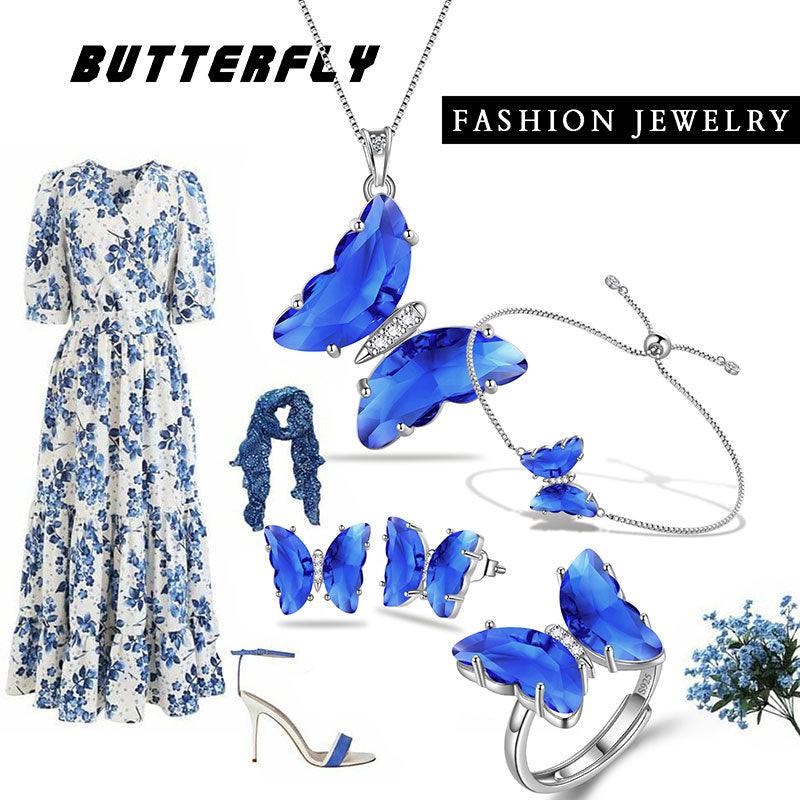 Blue Butterfly Jewelry Set 5PCS September Sapphire Birthstone - Jewelry Sets - Aurora Tears