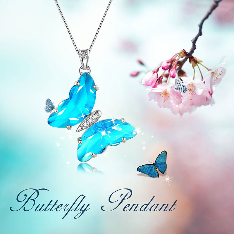 925 Sterling Silver Butterfly Necklace Pendant Birthstone Crystal Jewelry Gift Women - Necklaces - Aurora Tears