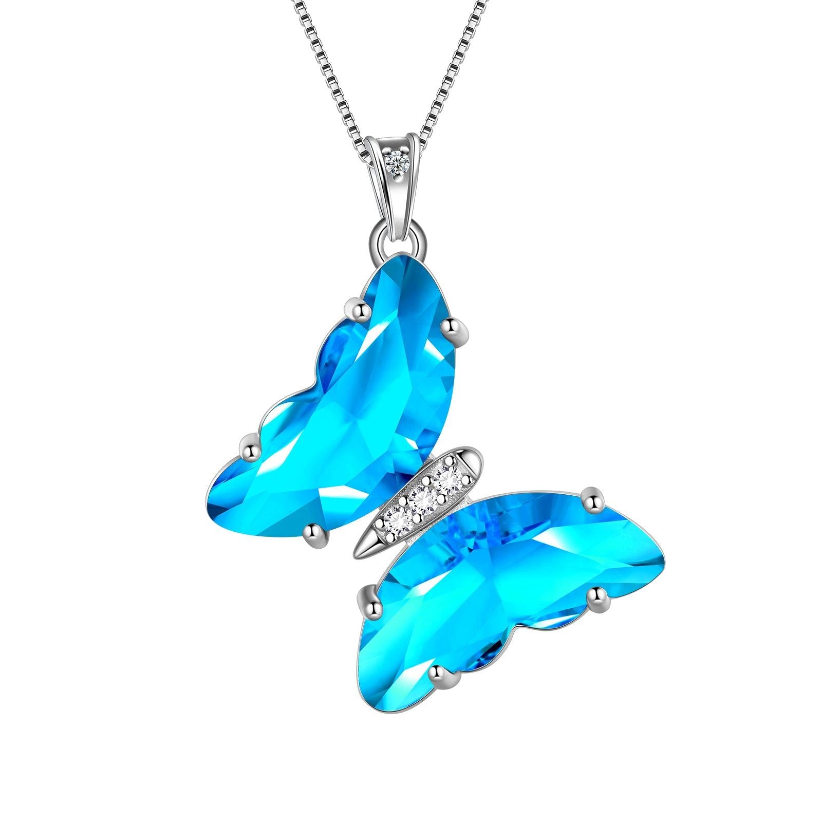 Blue Butterfly Necklace March Aquamarine Birthstone Pendant - Necklaces - Aurora Tears