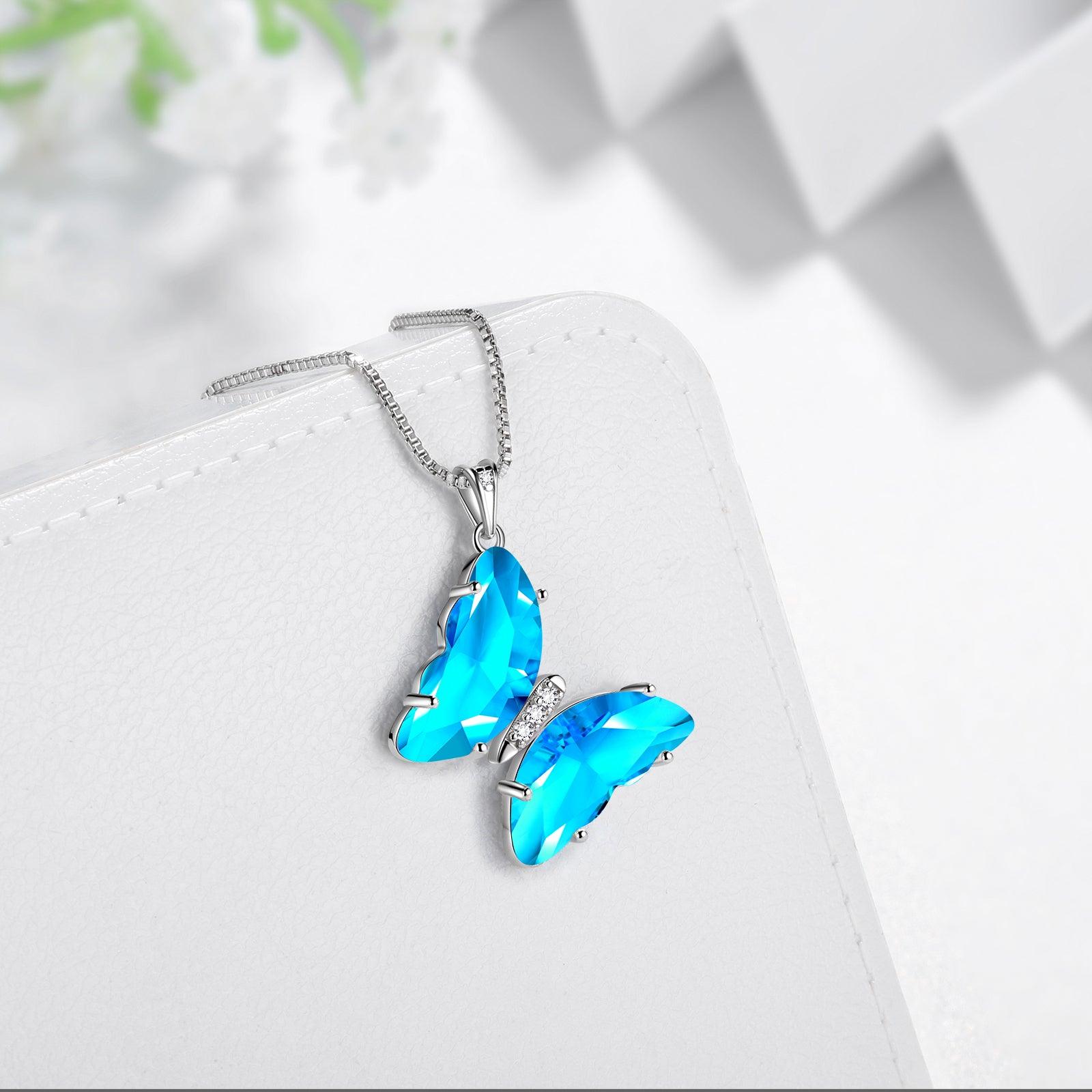 Blue Butterfly Necklace March Aquamarine Birthstone Pendant - Necklaces - Aurora Tears