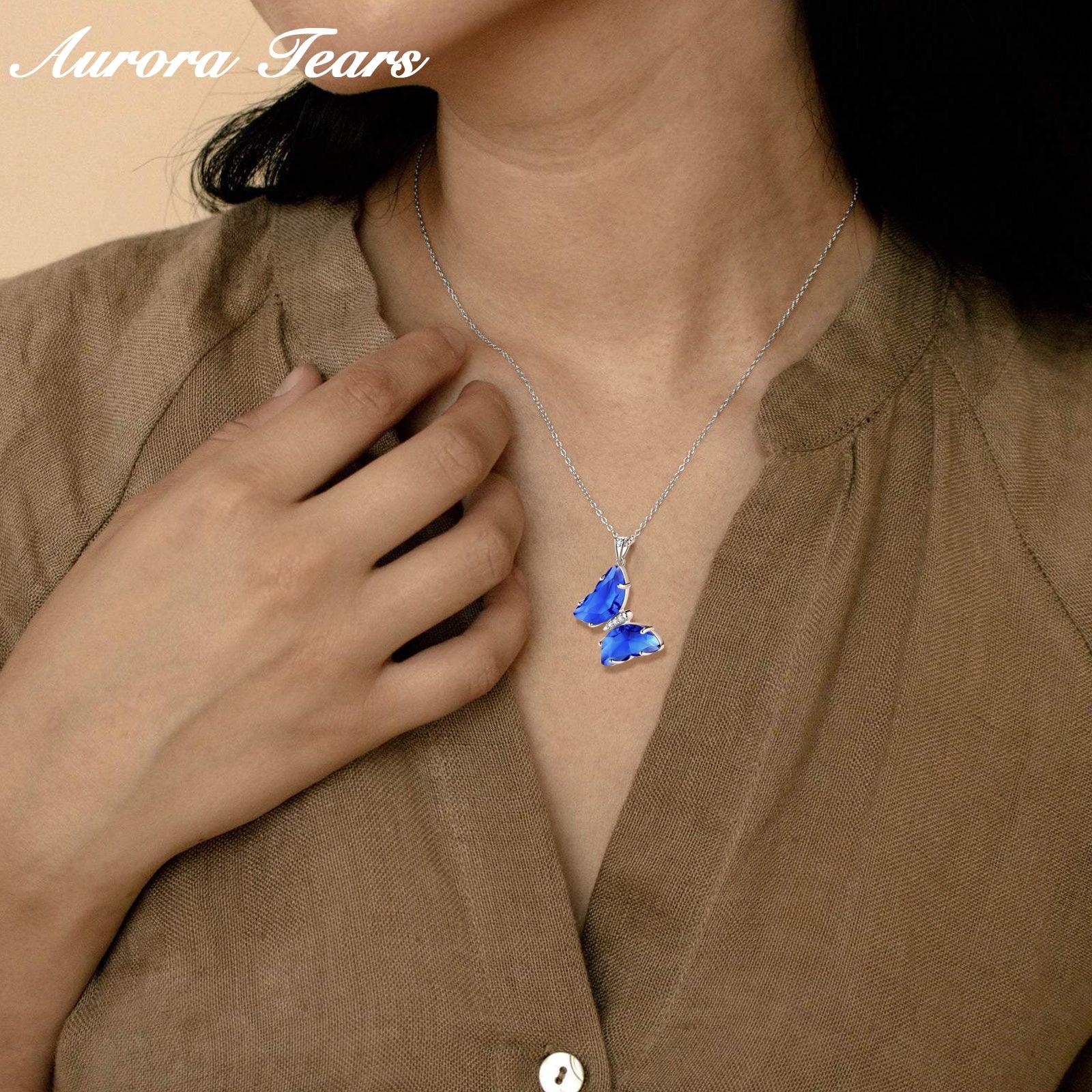Blue Butterfly Necklace September Sapphire Birthstone Pendant - Necklaces - Aurora Tears