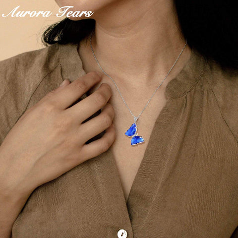 Blue Butterfly Necklace September Sapphire Birthstone Pendant - Necklaces - Aurora Tears
