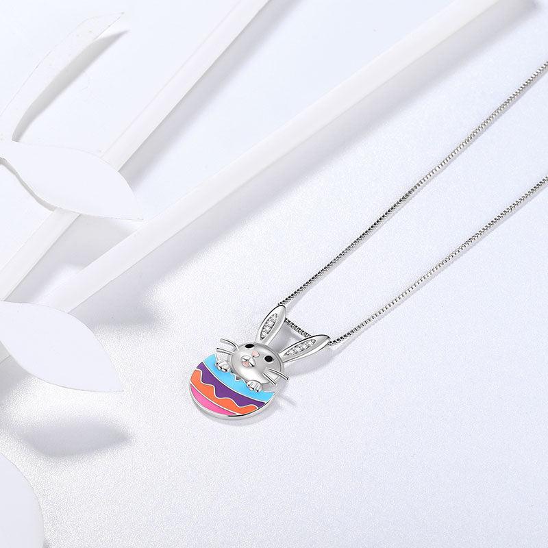 Bunny Rabbit Easter Egg Pendant Necklace 925 Sterling Silver - Necklaces - Aurora Tears