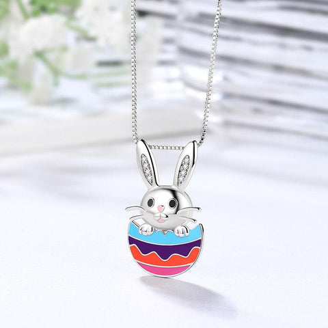 Bunny Rabbit Easter Egg Pendant Necklace 925 Sterling Silver - Necklaces - Aurora Tears
