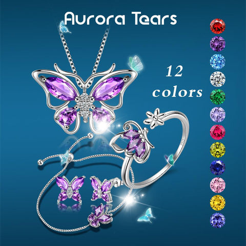 Butterfly Birthstone February Amethyst Jewelry Set 5PCS - Jewelry Set - Aurora Tears