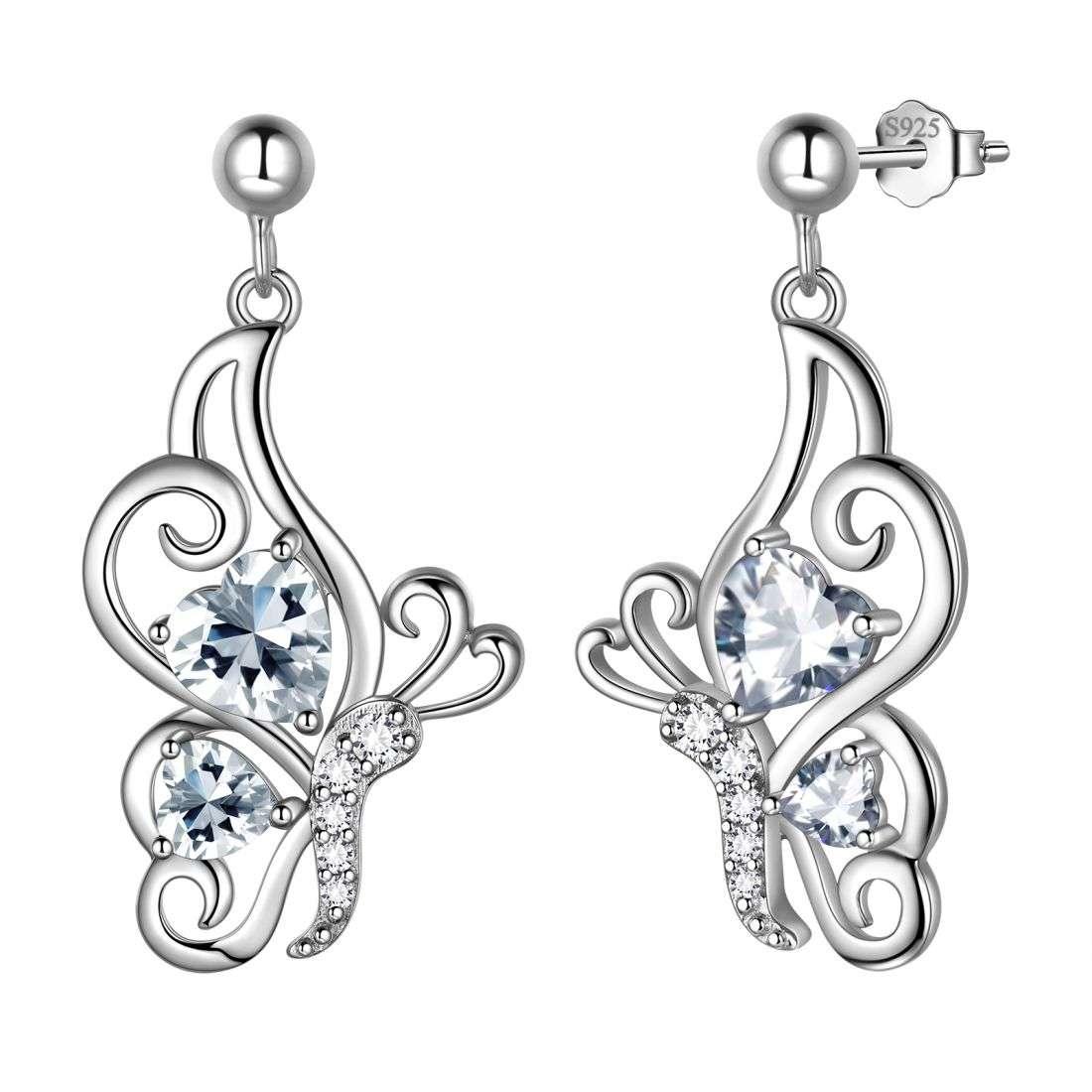 Butterfly Birthstone April Diamond Earrings Sterling Silver - Earrings - Aurora Tears
