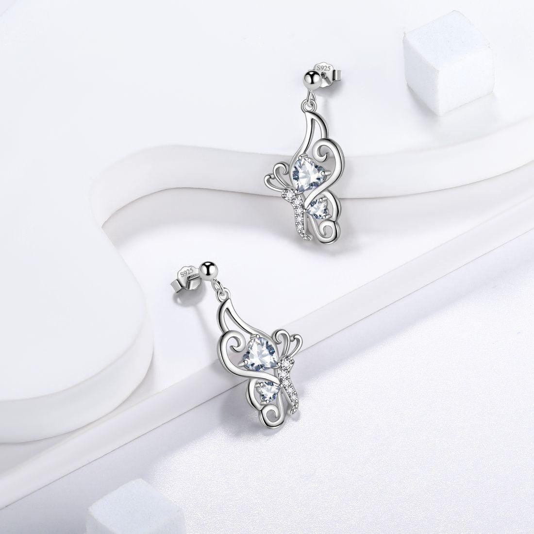 Butterfly Birthstone April Diamond Earrings Sterling Silver - Earrings - Aurora Tears