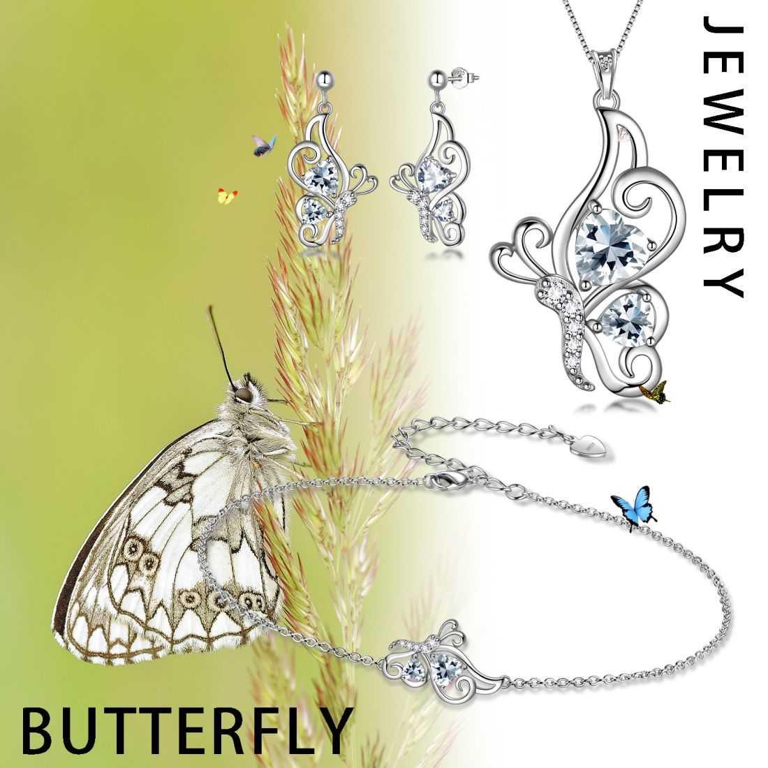 Butterfly Birthstone April Diamond Jewelry Set 4PCS - Jewelry Set - Aurora Tears
