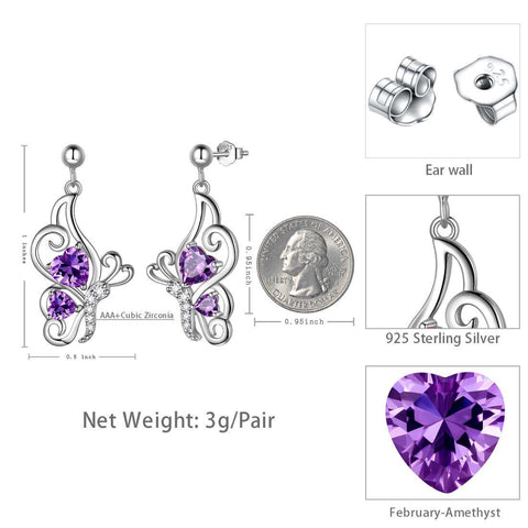 Butterfly Birthstone February Amethyst Earrings Sterling Silver - Earrings - Aurora Tears