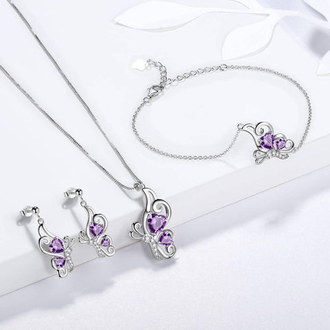 Butterfly Birthstone February Amethyst Necklace Sterling Silver - Necklaces - Aurora Tears