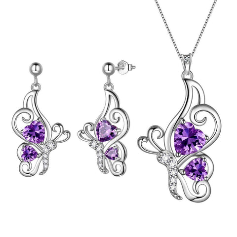 Butterfly Birthstone February Amethyst Jewelry Set 3PCS - Jewelry Set - Aurora Tears