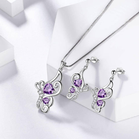 Butterfly Birthstone February Amethyst Jewelry Set 3PCS - Jewelry Set - Aurora Tears