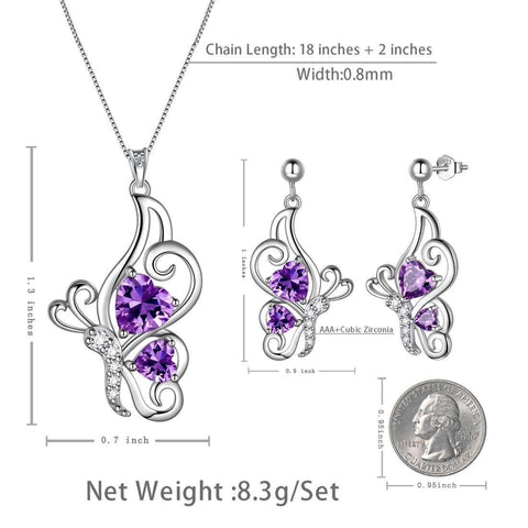 Butterfly Birthstone February Amethyst Jewelry Set 3PCS - Jewelry Set - Aurora Tears