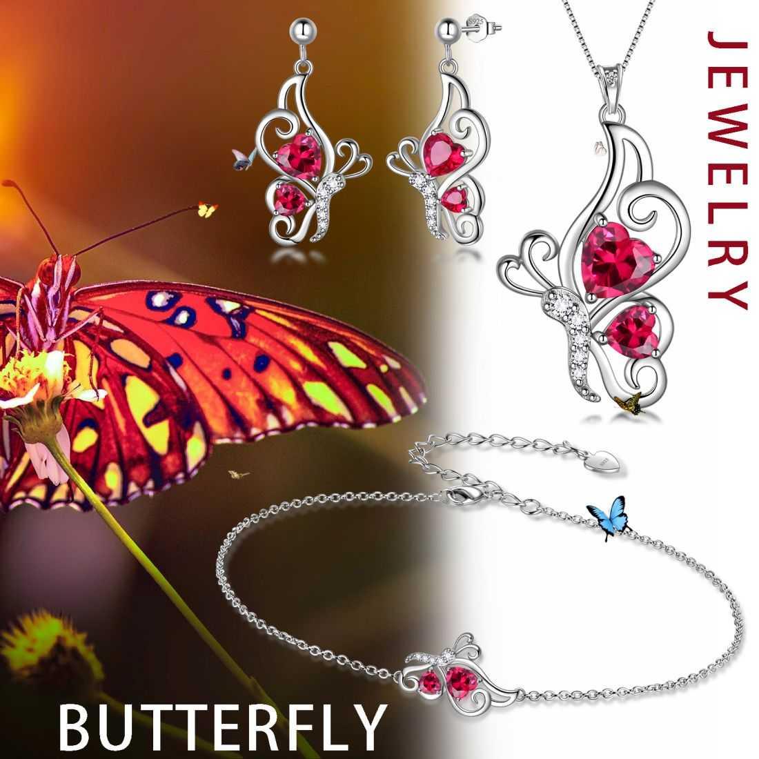 Butterfly Birthstone July Ruby Jewelry Set 4PCS - Jewelry Set - Aurora Tears