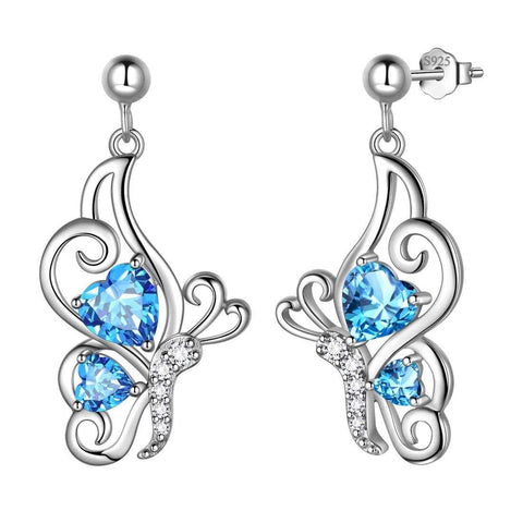 Butterfly Birthstone March Aquamarine Earrings Sterling Silver - Earrings - Aurora Tears