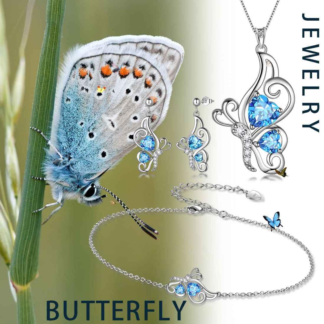 Butterfly Birthstone March Aquamarine Jewelry Set 4PCS - Jewelry Set - Aurora Tears