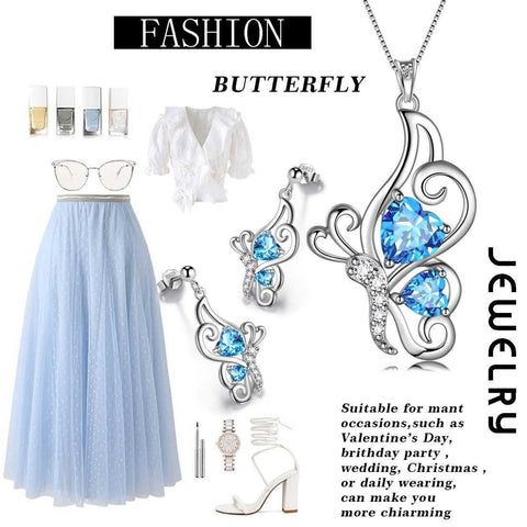 Butterfly Birthstone March Aquamarine Jewelry Set 3PCS - Jewelry Set - Aurora Tears