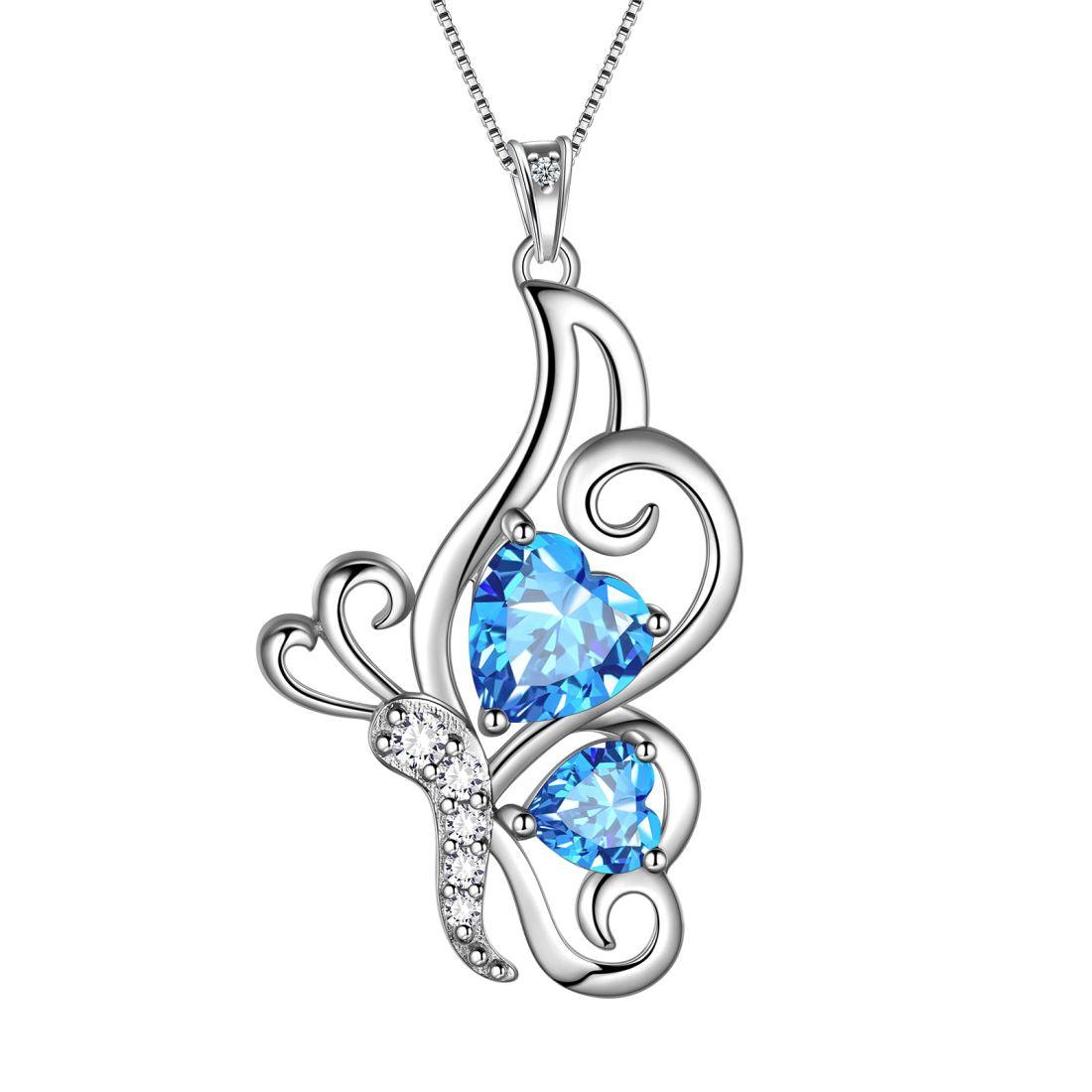 Butterfly Birthstone March Aquamarine Necklace Sterling Silver - Necklaces - Aurora Tears