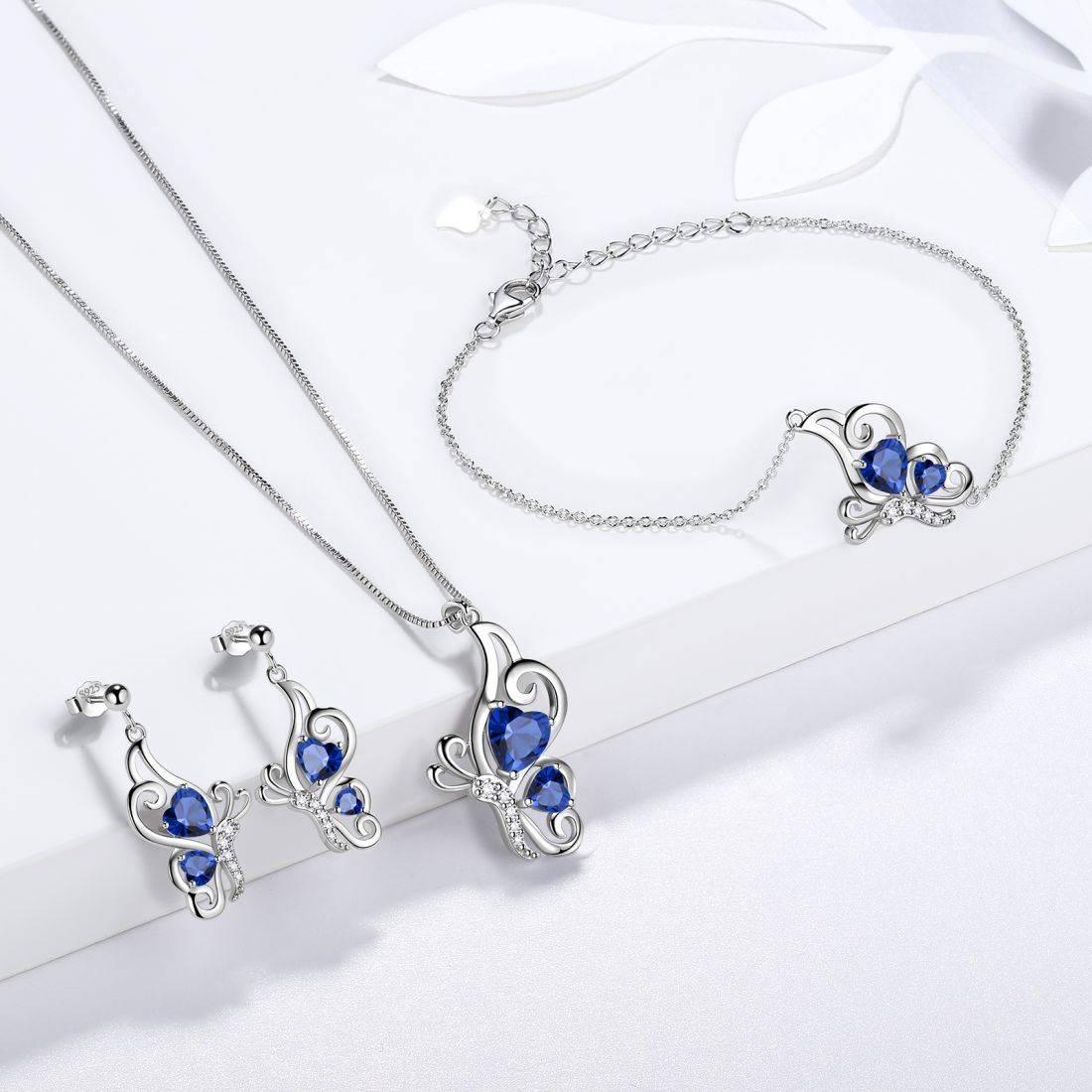 Butterfly Birthstone September Sapphire Necklace Sterling Silver - Necklaces - Aurora Tears
