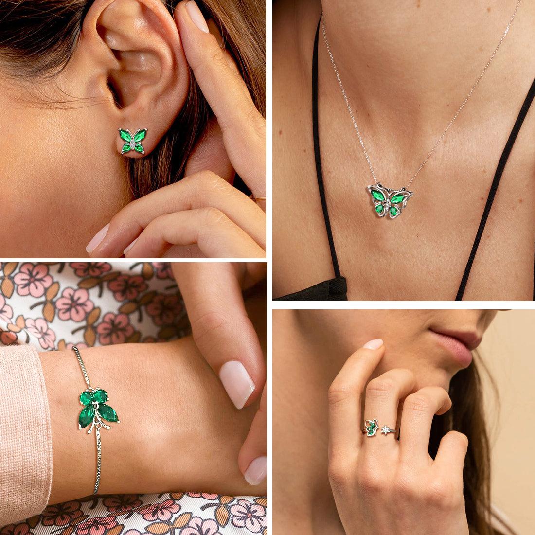 Butterfly Birthstone May Emerald Jewelry Set 5PCS - Jewelry Set - Aurora Tears