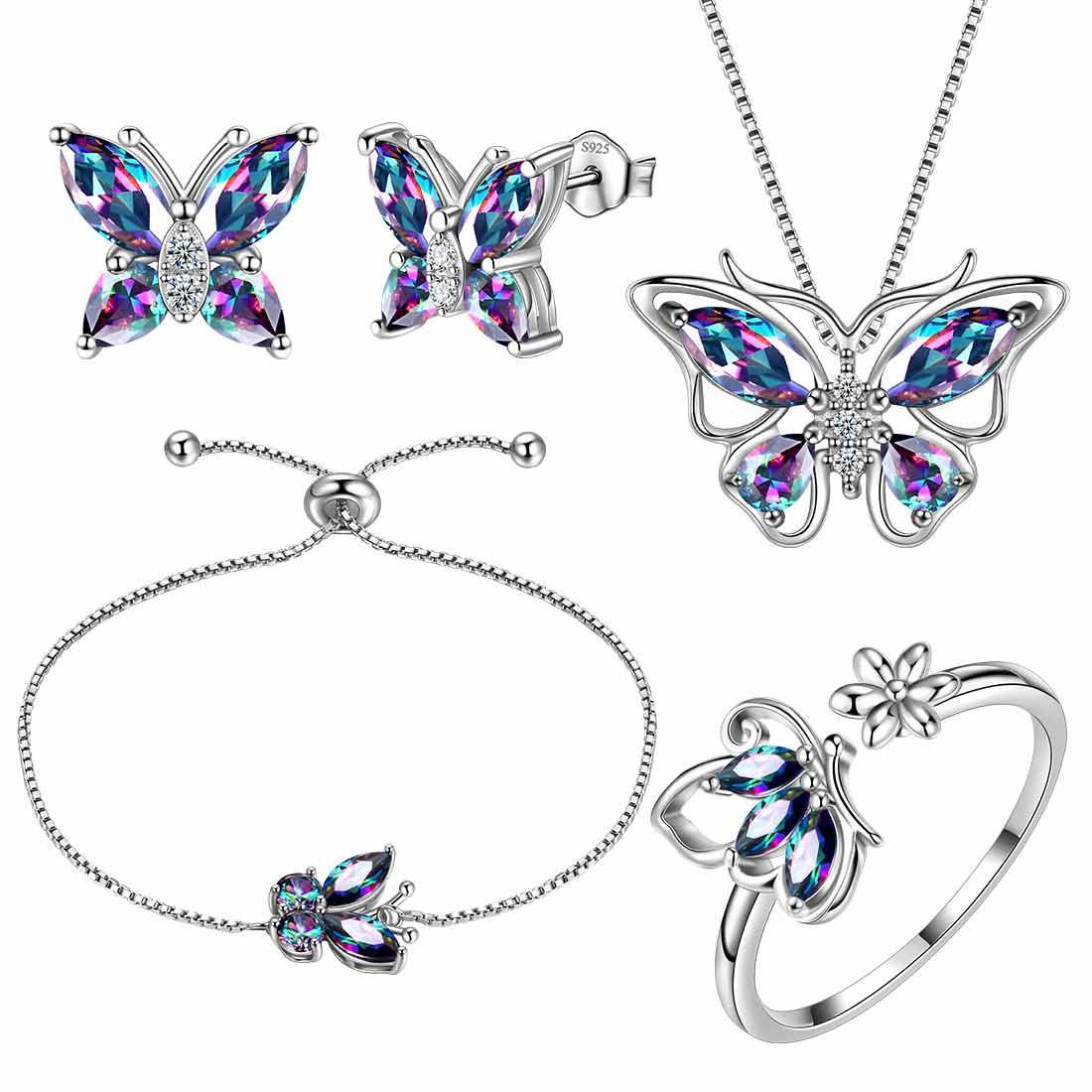 Butterfly Mystic Rainbow Topaz Jewelry Sets 5PCS Sterling Silver-Aurora Tears Jewelry