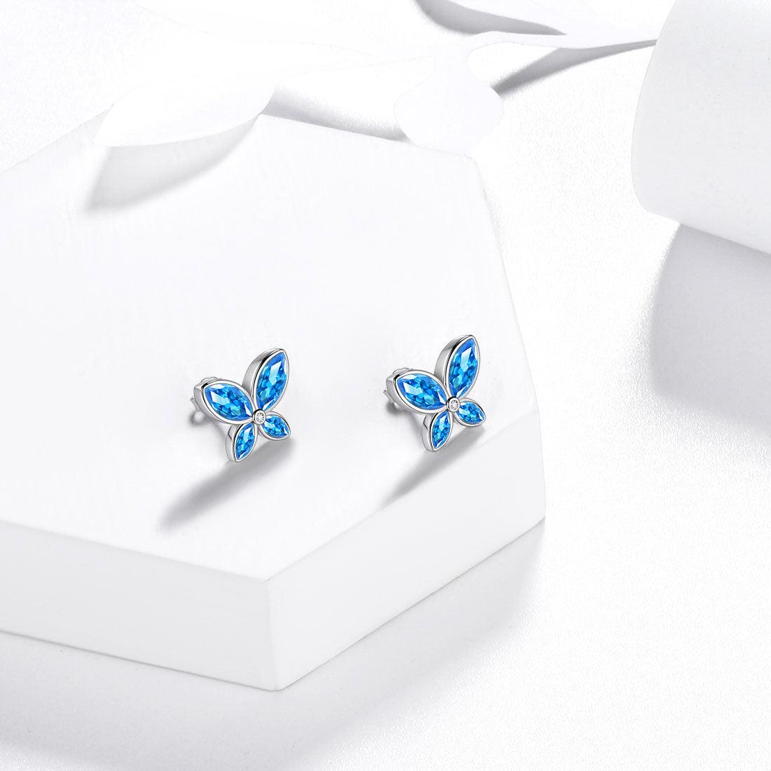 Butterfly Stud Earrings Birthstone March Aquamarine - Earrings - Aurora Tears