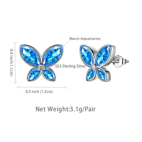 Butterfly Stud Earrings Birthstone March Aquamarine - Earrings - Aurora Tears