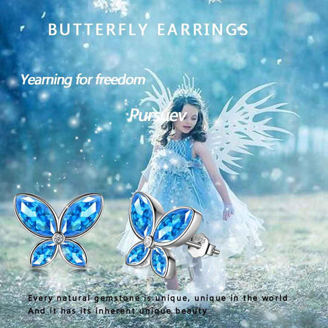 Butterfly Stud Earrings Birthstone March Aquamarine - Earrings - Aurora Tears