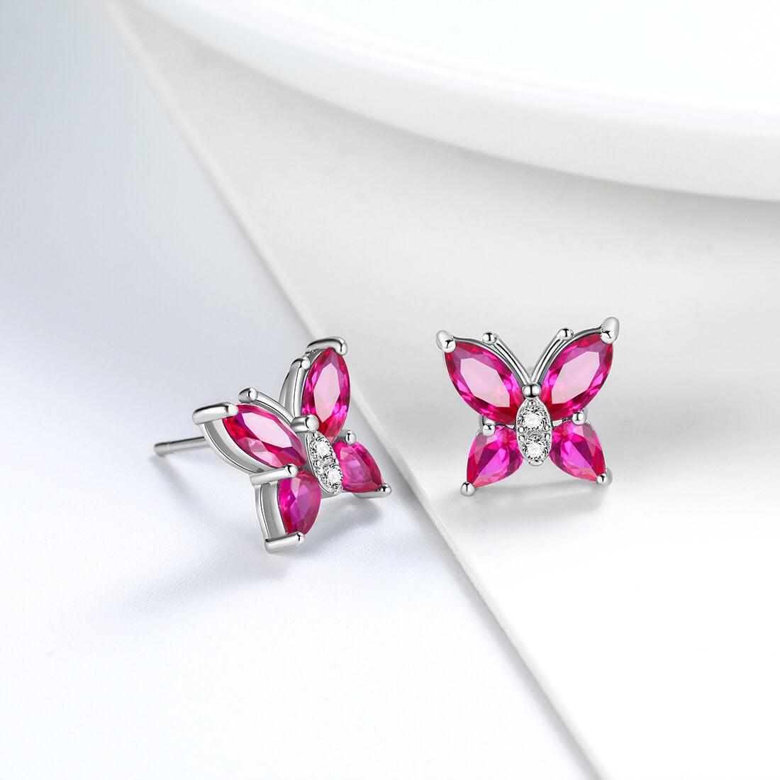 Women Stud Earrings Butterfly Birthstone July Ruby - Earrings - Aurora Tears