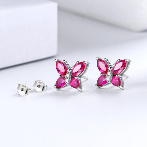 Women Stud Earrings Butterfly Birthstone July Ruby - Earrings - Aurora Tears