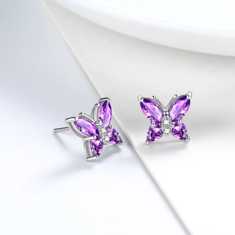 Women Stud Earrings Butterfly Birthstone February Amethyst - Earrings - Aurora Tears