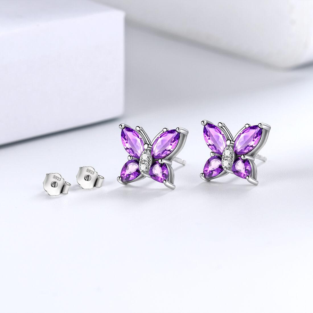 Women Stud Earrings Butterfly Birthstone February Amethyst - Earrings - Aurora Tears
