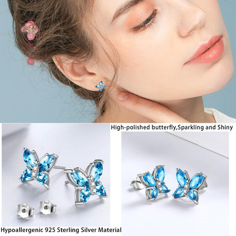 Women Stud Earrings Butterfly Birthstone March Aquamarine - Earrings - Aurora Tears