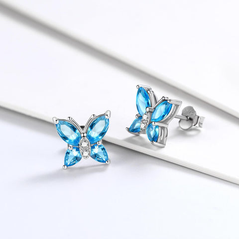 Women Stud Earrings Butterfly Birthstone March Aquamarine - Earrings - Aurora Tears