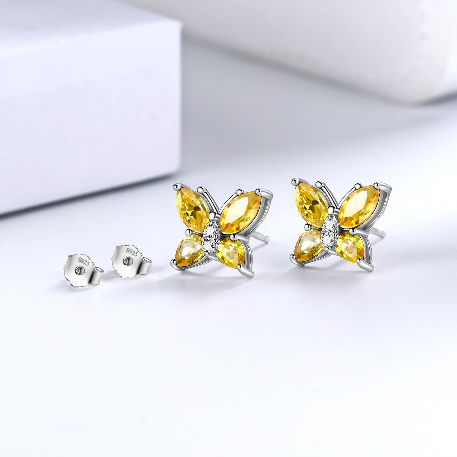 Women Stud Earrings Butterfly Birthstone November Citrine - Earrings - Aurora Tears