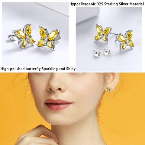 Women Stud Earrings Butterfly Birthstone November Citrine - Earrings - Aurora Tears