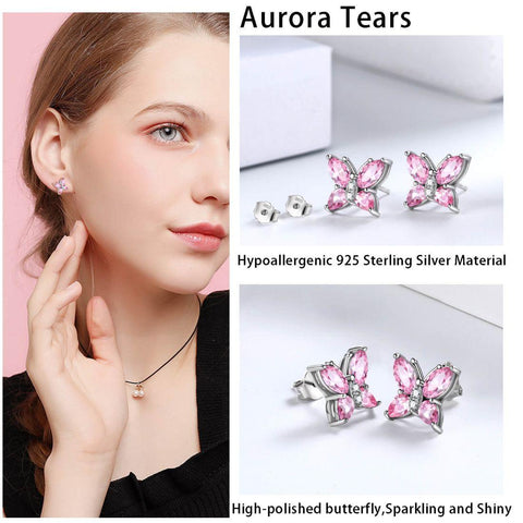 Women Stud Earrings Butterfly Birthstone October Tourmaline - Earrings - Aurora Tears