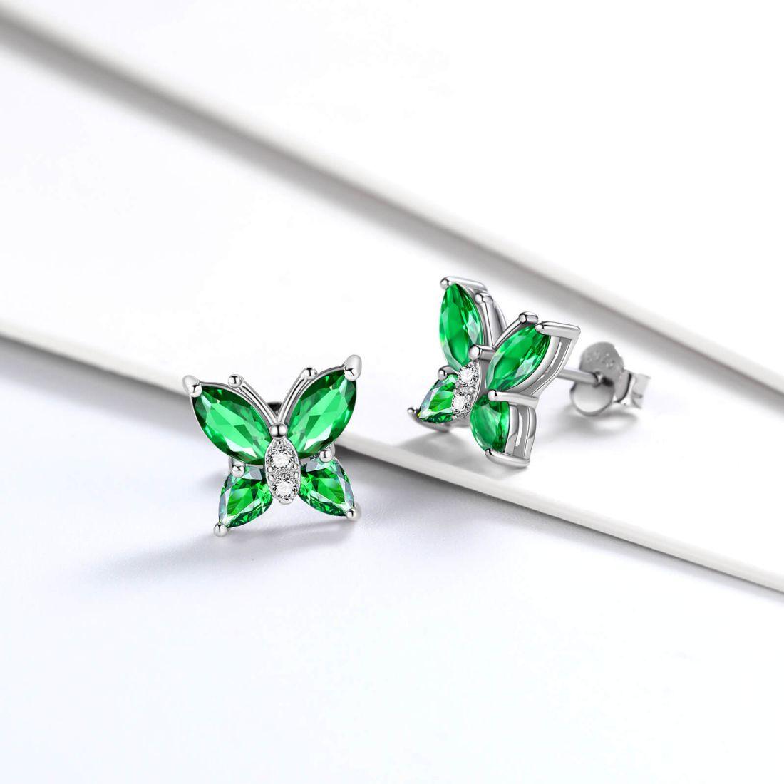 Women Stud Earrings Butterfly Birthstone May Emerald - Earrings - Aurora Tears