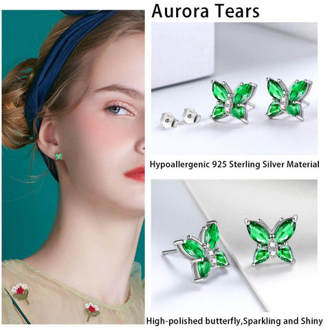 Women Stud Earrings Butterfly Birthstone May Emerald - Earrings - Aurora Tears