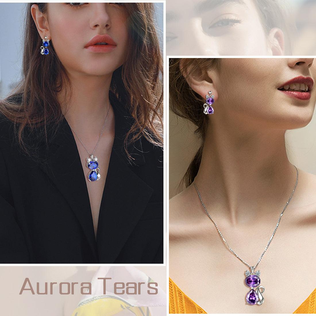 Cat Birthstone February Amethyst Necklace Earring Jewelry Set - Jewelry Set - Aurora Tears