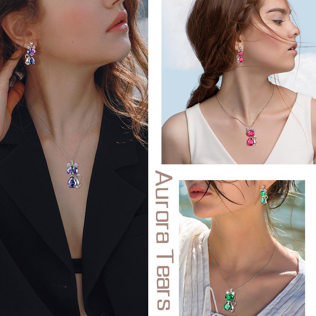 Cat Mystic Rainbow Topaz Necklace Earring Jewelry Set - Jewelry Set - Aurora Tears