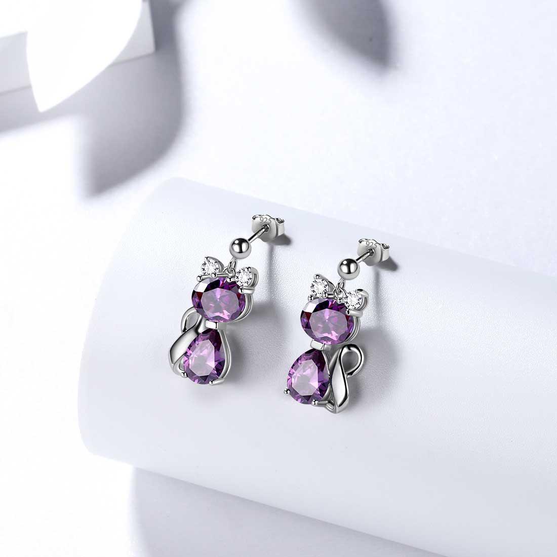 Cats Necklace Earrings Jewelry Purple February Birthstone - Jewelry Set - Aurora Tears Jewelry