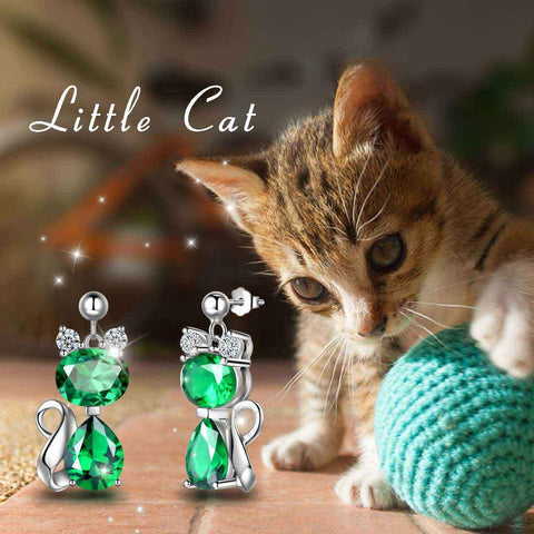 Cat Birthstone May Emerald Earrings Sterling Silver - Earrings - Aurora Tears