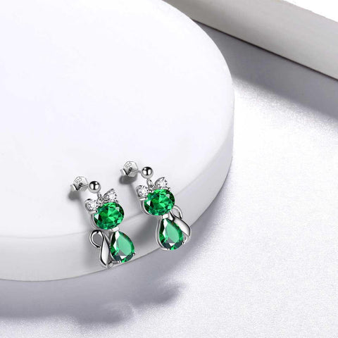 Cat Birthstone May Emerald Earrings Sterling Silver - Earrings - Aurora Tears