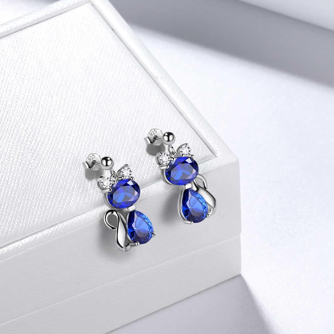 Cat Birthstone September Sapphire Earrings Sterling Silver - Earrings - Aurora Tears