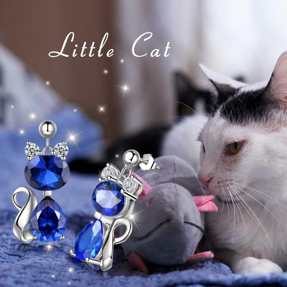Cat Birthstone September Sapphire Earrings Sterling Silver - Earrings - Aurora Tears