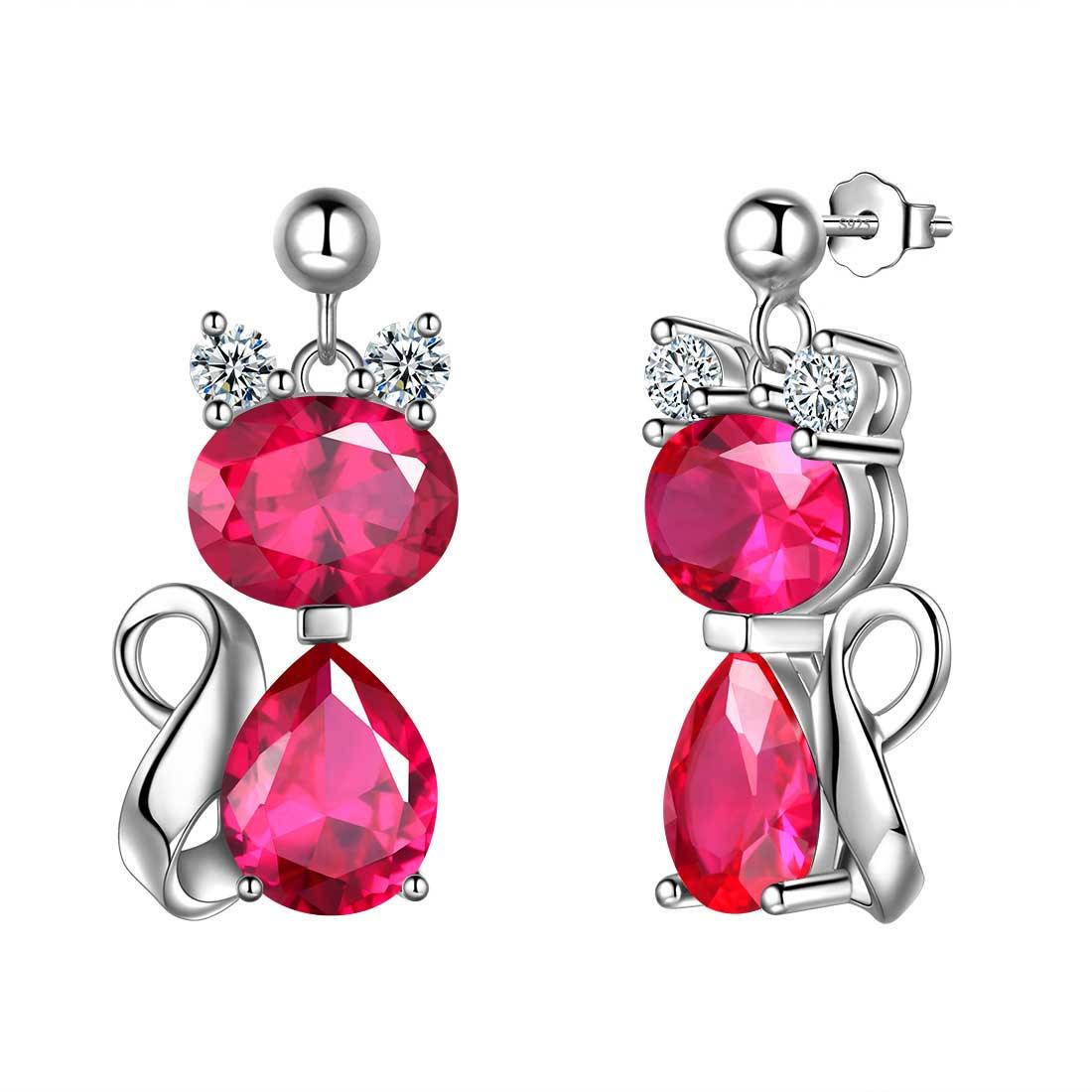 Cat Birthstone July Ruby Earrings Sterling Silver - Earrings - Aurora Tears