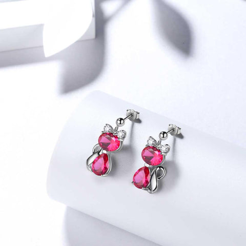 Cat Birthstone July Ruby Earrings Sterling Silver - Earrings - Aurora Tears