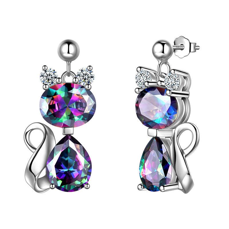 Cat Mystic Rainbow Topaz Earrings Sterling Silver - Earrings - Aurora Tears